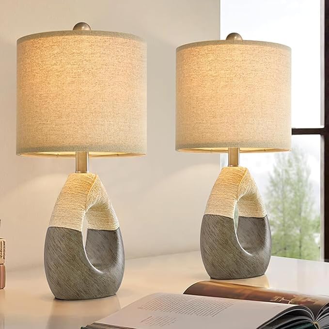 19” Boho Table Lamps Bedroom Living Room Set 2,Suitable for Small Space,Small Farmhouse RattanTable Lamp Rustic Egg Design Resin Light Decoration,Nightstand Bedside Lamps for Office Study Rest