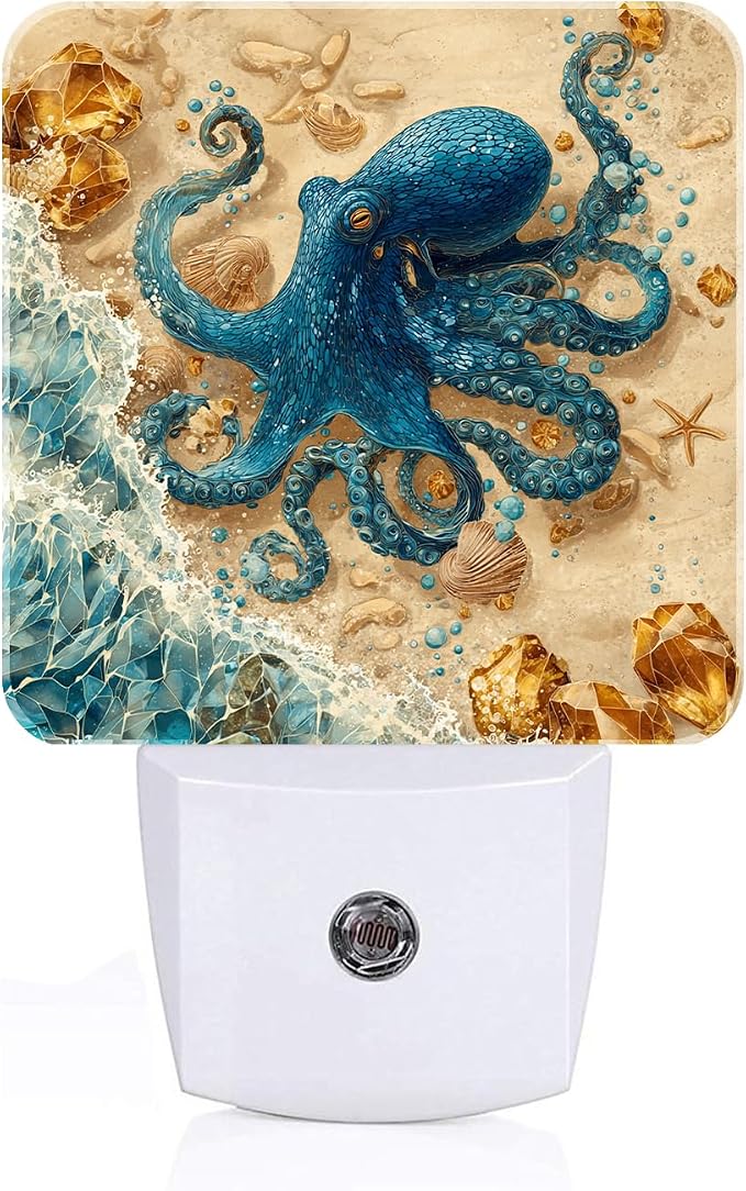 Octopus on Beach Night Light,Plug-in Night Lights with Dusk-to-Dawn Sensor for Stairway,Hallway,Bedroom Sleep Friendly Ideal for Women/Girls/Boys Gift,0.5w