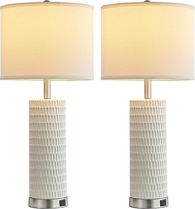 Reaketon 26.5" Ceramic Table Lamp Set of 2, 3 Way Dimmable Touch Control Table Lamp with 2 USB Charging Ports for Bedroom Living Room, Modern Nightstand Lamp End Table Lamps, Bulbs Included