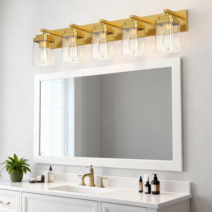 Brushed Gold Bathroom Light Fixtures, 5 Lights Bathroom Lighting Fixtures Over Mirror, Square Design & Rectangle Large Backplate, Modern Vanity Lighting Fixtures, for Living Room/Bedroom
