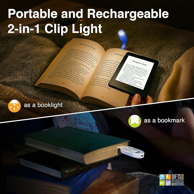 Gifts for Readers & Writers Rechargeable Book Light, Clip On Reading Light for Bed, 2in1 Flexilight & Bookmark, 12 Hours of Light Once Charged, Includes USB Cable & 2 LED Lights, White Flowers