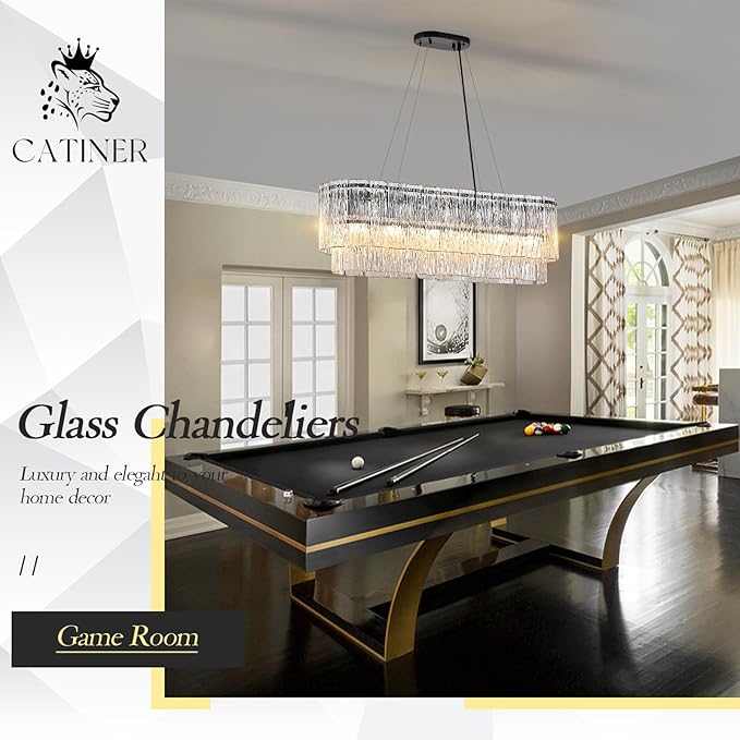 Black Rectangle Chandeliers for Dining Room Modern Crystal Glass Island Light 6-Light Chandelier Luxury Rectangular Linear Hanging Pendant Light Fixture for Kitchen L35.5”