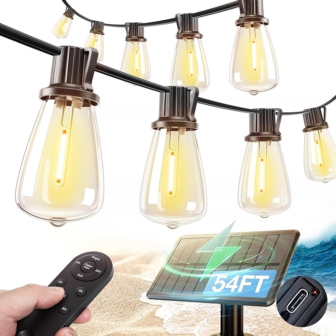 addlon 54FT(48+6) Solar String Lights Outdoor Waterproof with USB & Remote | Control Dimmable Solar Patio Lights IP65 Solar Powered Edison LED Bulbs for Outside Bistro Camping