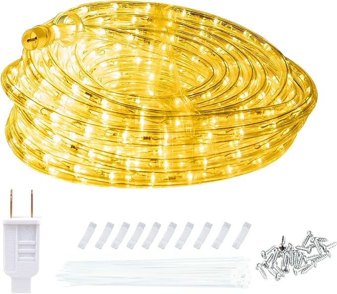50ft 360 LED Rope Lights, 110V Warm White 3000K, Waterproof Classic Clear Rope, Indoor/Outdoor, Patio, Flexible, Linkable, Durable
