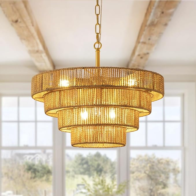 6 Lights Boho Rattan Pendant Light 19.7” Large Farmhouse Chandelier with 3-Tier Wicker Shade Bohemian Gold Ceiling Hanging Light for Dining Room Living Room Kitchen