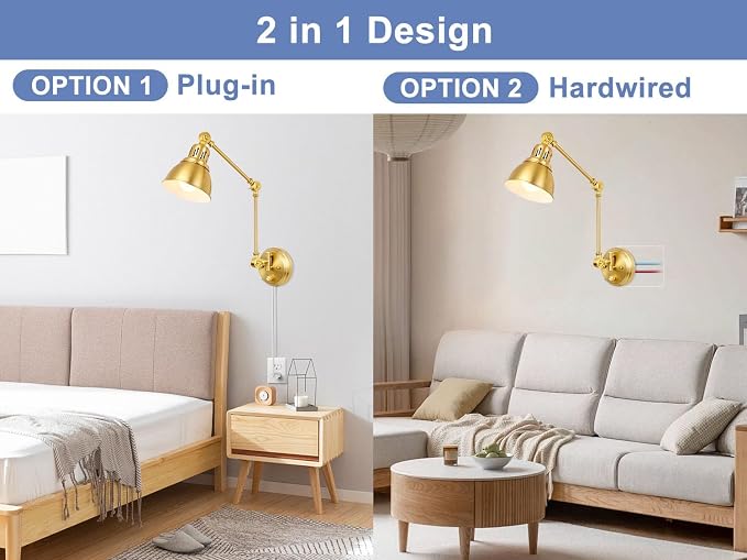 2 Pack Plug in Wall Sconces with Remote, Dimmable, Adjustable Colors, Swing Arm Wall Lamps, Wall Sconces Set of Two with Timer & Night Light, Plug-in or Hardwired (Gold, with Bulbs+Remote)