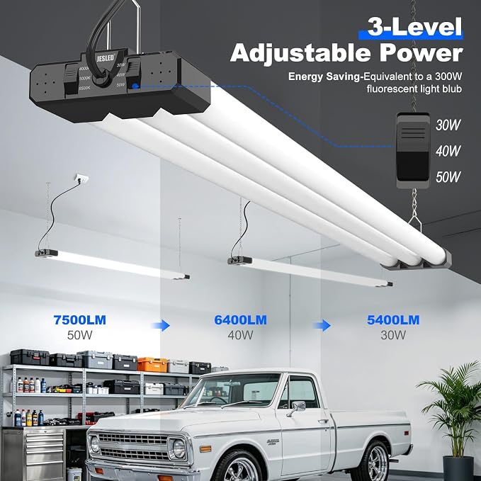 JESLED LED Shop Lights 4FT 7500LM, 3CCT & 3 Wattage Adjustable, ETL | 3CCT 4000K, 5000K & 6500K, 30W/40W/50W Selectable, Linkable for Garages & Workshops, Ceiling or Hanging Mount, 2 Pack