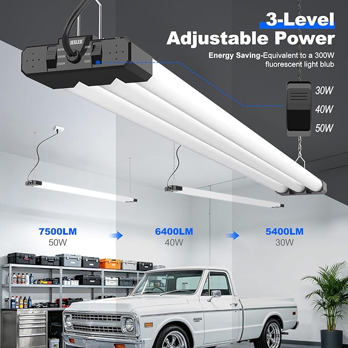 JESLED LED Shop Lights 4FT 7500LM, 3CCT & 3 Wattage Adjustable, ETL | 3CCT 4000K, 5000K & 6500K, 30W/40W/50W Selectable, Linkable for Garages & Workshops, Ceiling or Hanging Mount, 10 Pack