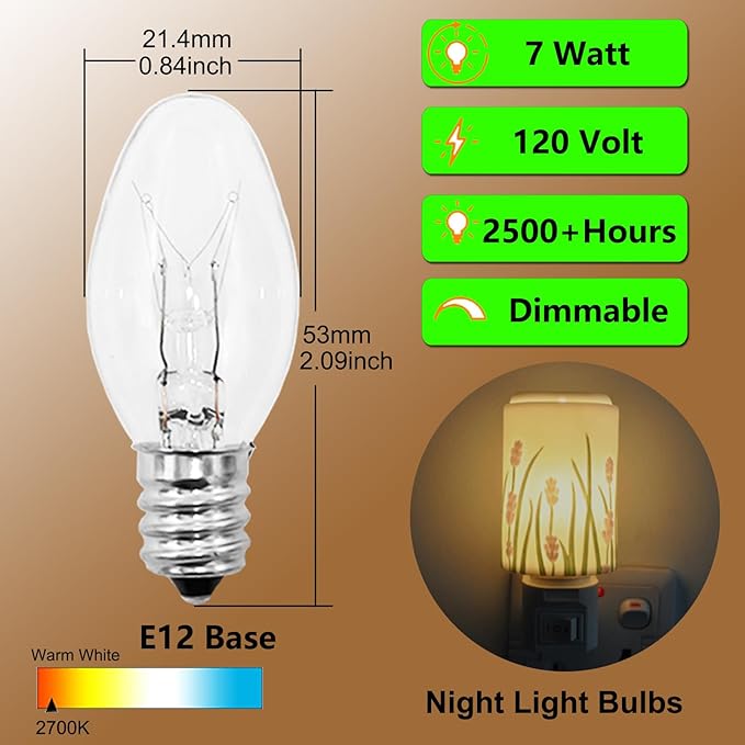 Night Light Bulbs 7 Watt Clear Light Bulbs for Night Lights,Window Candles,Decorative Candle Light Bulbs- E12 Base C7 Replacement Bulbs - 7 Watt Warm White Small Light Bulb - Dimmable - 15 Packs
