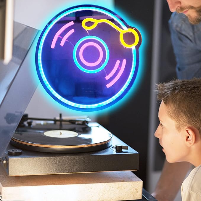 Record Neon Sign Dimmable Music Neon Light for Wall Decor - Player Live Music Art Sign for Bedroom, Bar, Birthday, Christmas, Hotel, Recording Studio - 12in