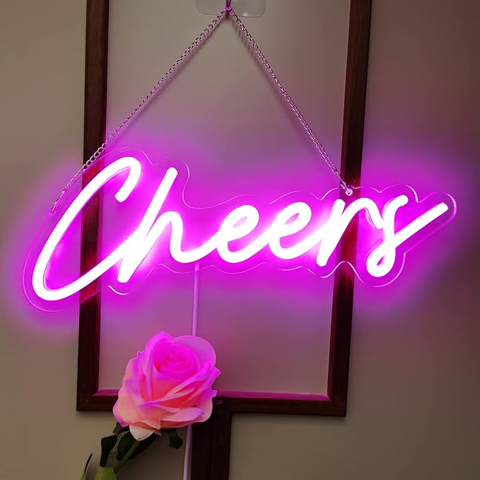 Cheers Neon Sign,Dimmable Pink Neon Signs for Wall Decor, LED Neon Bar Light for Room Background Decor,Cheer Light Up Sign Neon for Bar Birthday Party Wedding 16.5x7in