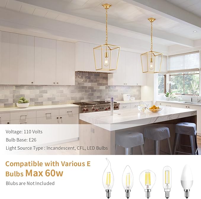 ANJIADENGSHI Lantern Pendant Light Lantern Iron Cage 1 E26 Bulbs Gold Chandelier for Dining Room Kitchen(Bulbs Not Included)