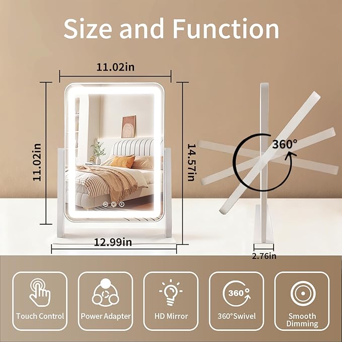 ROLOVE Vanity Mirror with Lights 13x16 Inch, Smart Touch Control, 3 Color Lighting Modes, Table Top Mirror with Stand for Bedroom