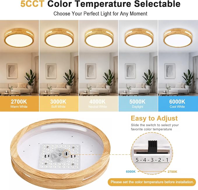Pevfah Modern Wood Flush Mount Ceiling Light, Round Dimmable Close to Ceiling Lighting Fixtures, Minimalist LED Ceiling Lamp for Bedroom, Kitchen, Hallway, Laundry Room, 2700K-6000K 5CCT, 11.81in