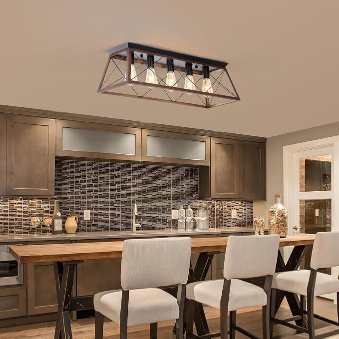 31.5" Flush Mount Ceiling Light, 5-Light Industrial Vintage Chandelier with Matte Black & Brushed Bronze Finish, Large Close to Ceiling Lighting for Dining Room, Kitchen Island, Living Room, Hallway