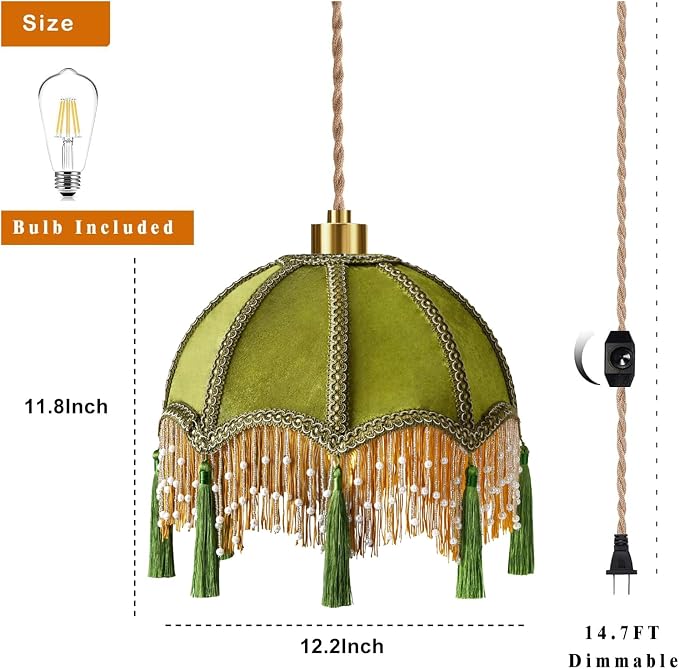 QIYIZM Plug in Pendant Light Boho Hanging Lights with Plug in Cord Fringe Green Hanging Lamp Gold Mid Century Modern Vintage Dimmable Tassel Flower Retro Plug in Chandelier Ceiling Fixture Victorian