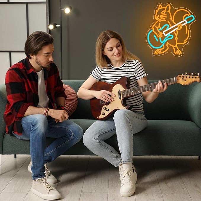 Squirrel Guitar Neon Sign for Wall Decor Beer Bar Guitar Neon Light, USB Powered Orange Squirrel Music Led Light Sign for Bar Live Music,Man Cave,Home, Party,Office, Bedroom