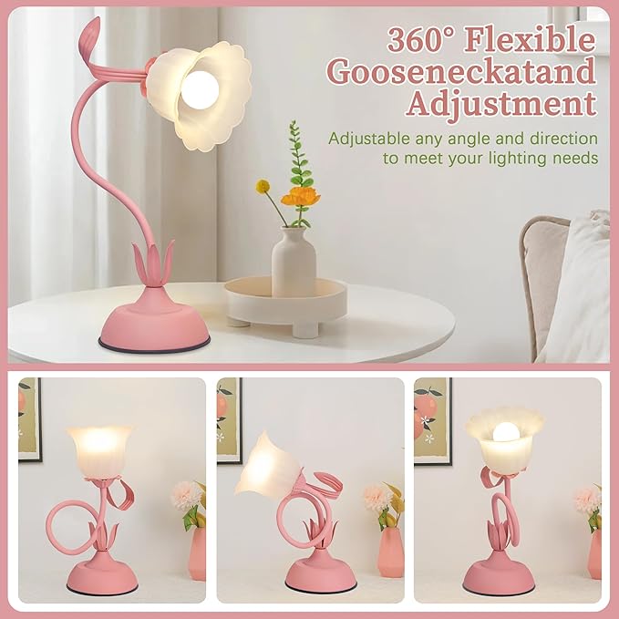 Vintage Flower Table Lamp, 3 Color Temperature Flexible Gooseneck Cute Small Desk Lamp for Bedroom, Kawaii Nightstand Bedside Lamps for Living Room, Dorm, Office, Home Decor (Pink) (Pink)