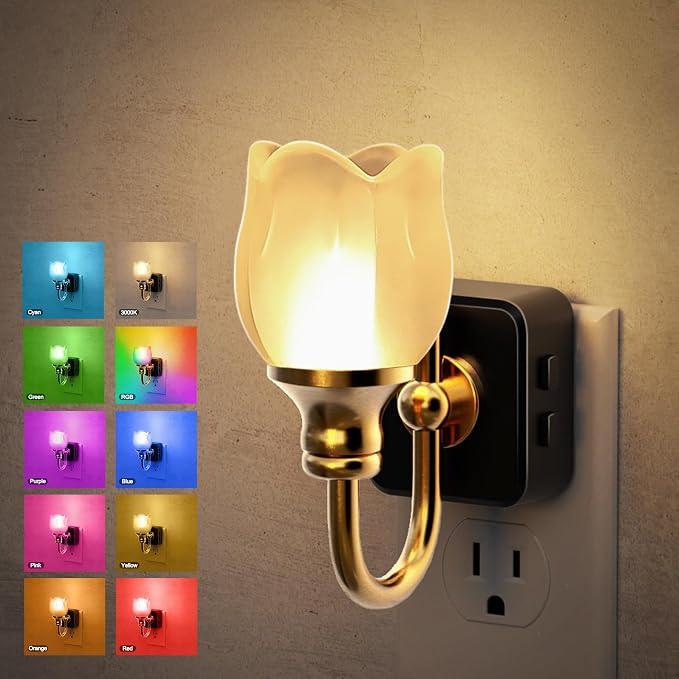 JandCase Night Light, Color Changing Night Lights Plug into Wall RGB | Glass Tulip LED Nightlight, Dimmable Flower Nightlights, Dusk to Dawn Sensor, 180° Rotating Vintage Nite Light for Bathroom