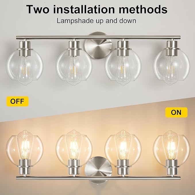 Bathroom Light Fixtures Over Mirror 4-Lights Bathroom Vanity Light with Clear Globe Glass Shade 29.5 inch Modern Brushed Nickel Vanity Lights Wall Sconce Lighting for Bath
