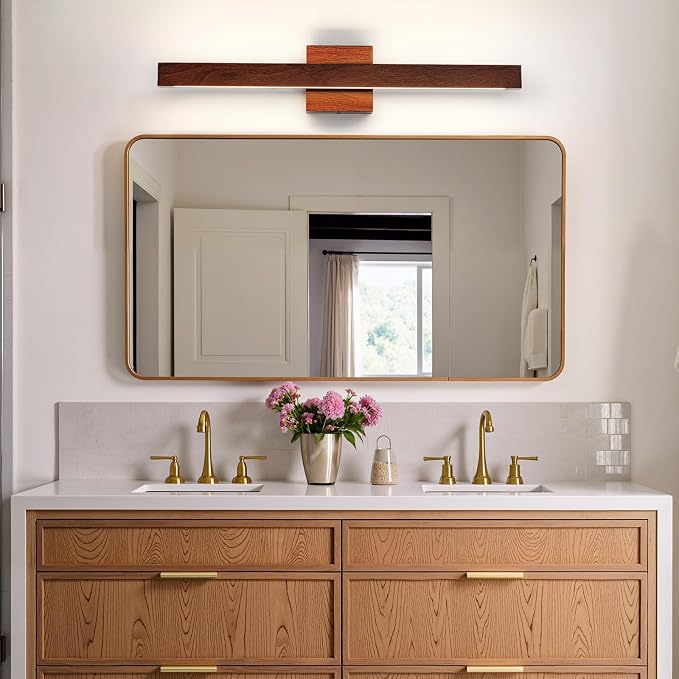 Modern Bathroom Light Fixtures Over Mirror, 24 Inch Brown Wood Finish Vanity Light Bar 20W Dimmable 5CCT LED Vanity Lights for Bathroom Wall Lighting Fixtures Over Mirror