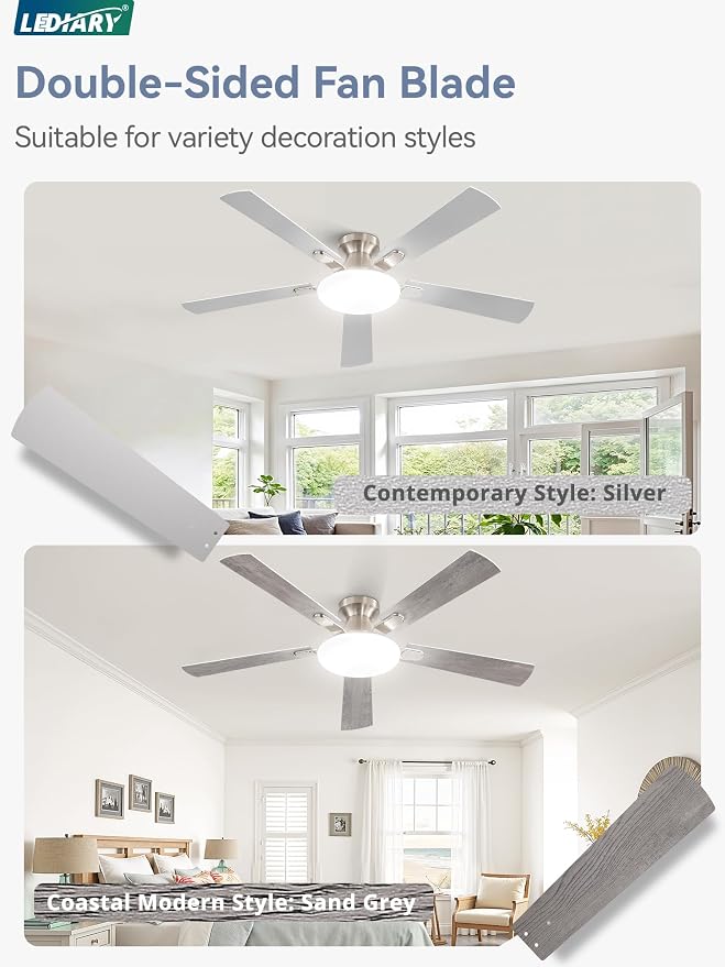52 Inch Ceiling Fan with Lights and Remote, 30W 12" LED Panel Flush Mount Ceiling Fan, 6-Speed Quiet DC Motor Modern Low Profile Ceiling Fan with Reversible Blades for Bedroom, Living Room, Patio