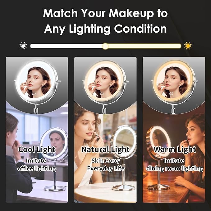 Makeup Mirror, 1X/30X Magnification with 3 Level LED Lights, 5000 mAh Rechargeable Double Sided 9” Magnifying Mirror with 360° Rotation, Perfect for Precision Grooming and Makeup, Women Gift