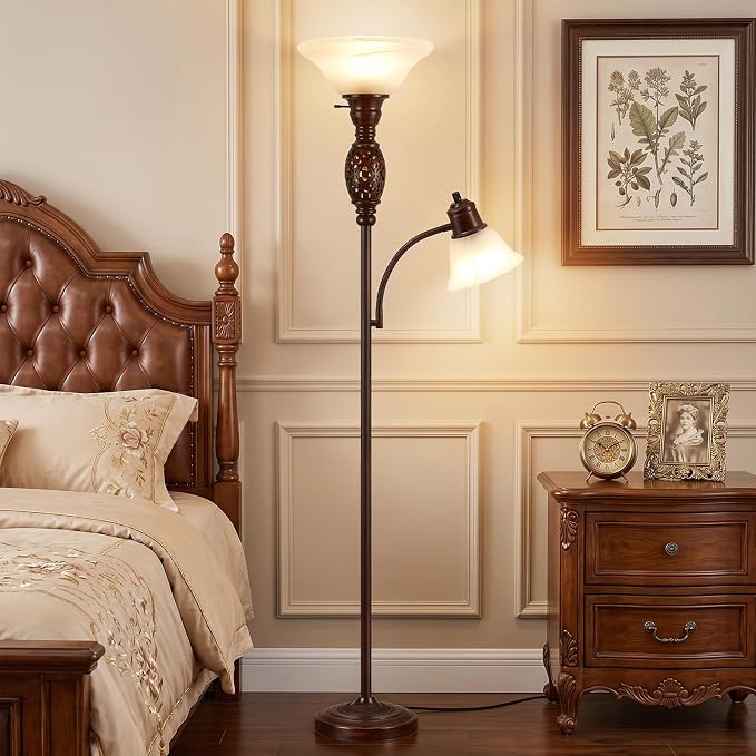 70" Floor Lamp with Night Light, Gooseneck Reading Light, Bulb Included | Torchiere Floor Lamps for Living Room, Vintage Standing Lamp for Bedroom, Retro Floor Lamp with Rotary Switch, Glass Shade