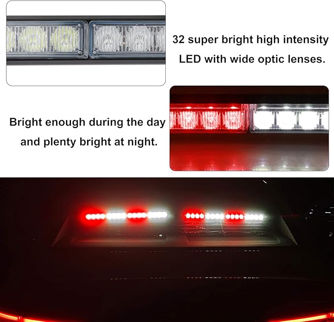ASPL 2x16.8 inch Emergency Flashing LED Traffic Advisor Strobe Light Bar 32LED 26 Flash Patterns Interior Safety Warning Lights (Red/White)