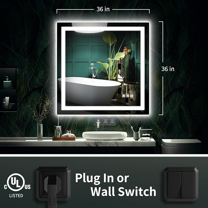 LED Mirror for Bathroom, 36x36 Inch Backlit + Front Lighted | Bathroom Vanity Mirror with Lights for Wall, Double Light Strips, 3 Colors, Shatter-Proof, Anti-Fog and Brightness Memory