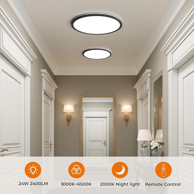 Matane 12in LED Flush Mount Ceiling Light Fixture with Remote Control, Nightlight 2000K Warm, 24W 3000K-6500K Adjustable, Wired Low Profile Ceiling Lights for Bedroom, Kitchen, Living Room Black
