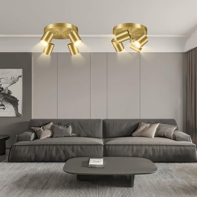 LED 4 Light Track Lighting Kit, LED Track Lighting Fixtures, Gold Round Ceiling Spot Lighting, Flexibly Rotatable Light Head for Kitchen, Living Room, Bedroom, GU10 Bulb Not Included