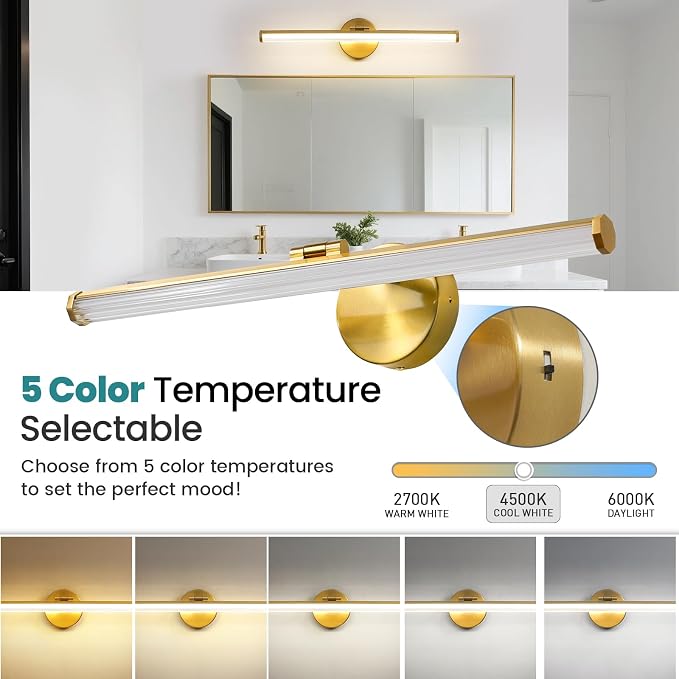 KAISITE Bathroom Light Fixture Over Mirror - Gold Vanity Light Fixture 15W 5CCT Angle Adjustable 22 Inch LED Dimmable Modern Vanity Light Bar for Bedroom Living Room Bathroom
