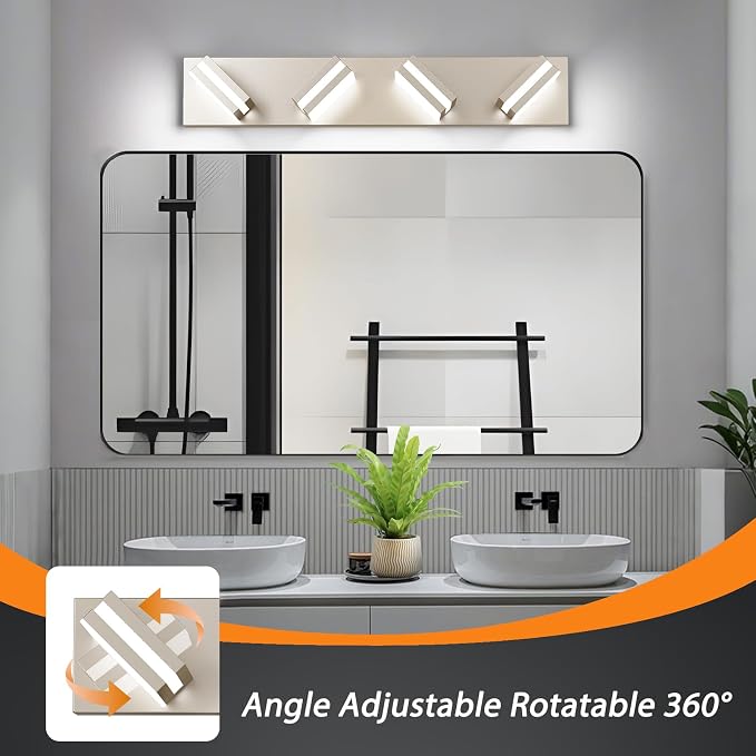 Bathroom Lights Fixtures Over Mirror, 360°Rotate Modern LED Vanity Lights for Bathroom, 32W Dimmable & High CRI Acrylic Wall Lighting, No Assembly Required (Brushed Nickel, 4-Light, 24 Inch)