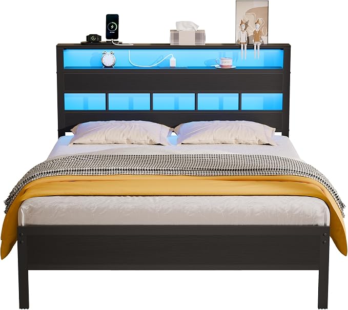 Full Size Bed Frame, Storage Headboard, LED & Charger, Black Oak | Metal Platform Bed with Heavy Duty Slats Support, 2-Tier Wood Shelf,USB & Type-C Ports,Noise-Free,No Box Spring,Easy Assembly