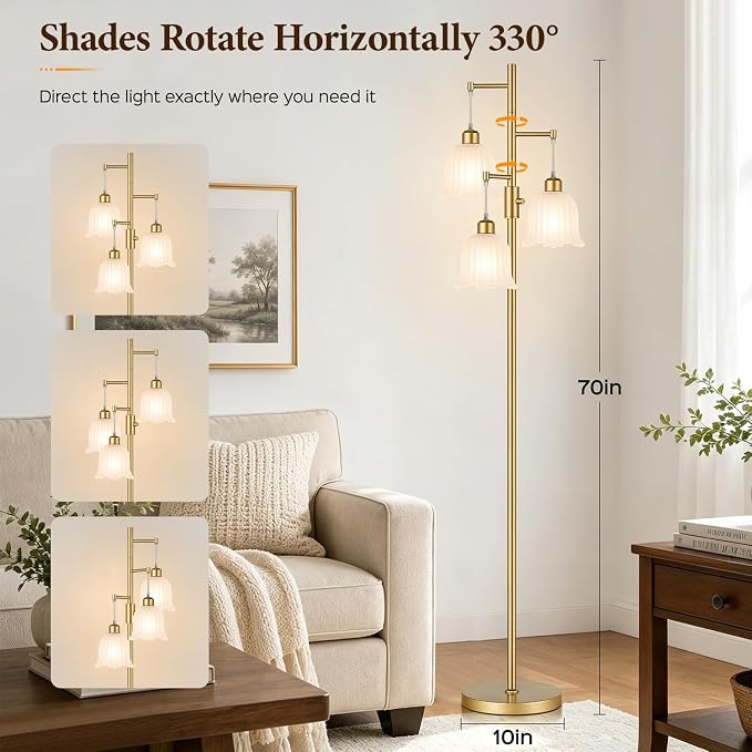 Dimmable Flower Floor Lamp, 3 x 900LM LED Bulbs Included, Modern | 70" Gold Tree Standing Lamp, 3 Lights Elegant Frosted Glass Flower Shade Vintage Floor Lamps for Living Room, Bedroom, Office