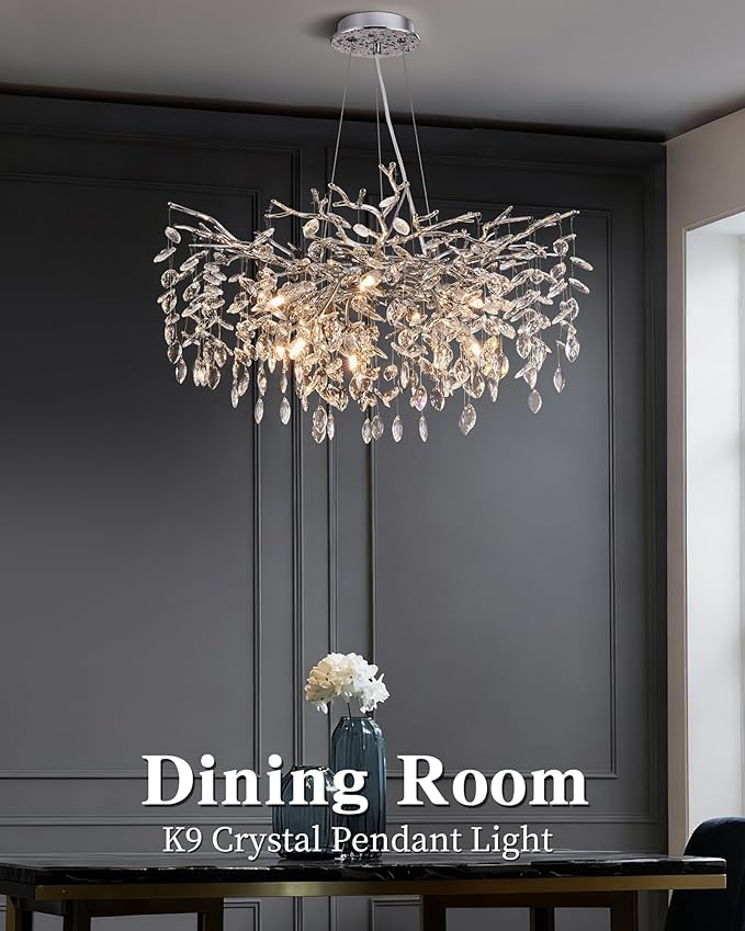Modern Tree Branch Crystal Chandelier Luxury Silver Crystal Pendant Lighting 30" Contemporary 10-Light Chandeliers for Dining Room Kitchen Bedroom Living Room