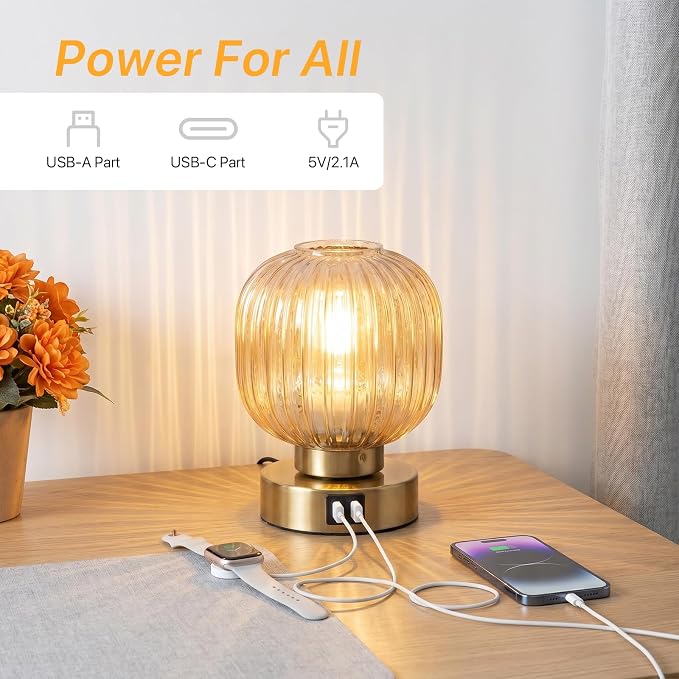 Elenhome Touch Table Lamp Set of 2, 3-Way Dimmable with Glass Shade, USB-C+A Charging Ports, Mid-Century Modern Small Bedside Lamps for Nightstand, Bedroom, and Living Room, LED Bulb Included (Amber)