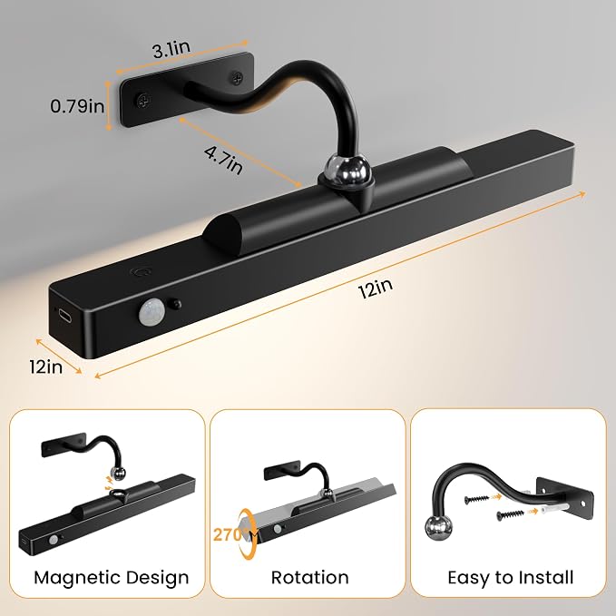 Wireless Picture Light for Wall with Motion Sensor, 12 Inch, Black, 1 Pack | Cordless, Magnetic Detachable Bar, Rechargeable, Remote Control, 3CCT Dimmable, 4400mAh, for Artworks Photos