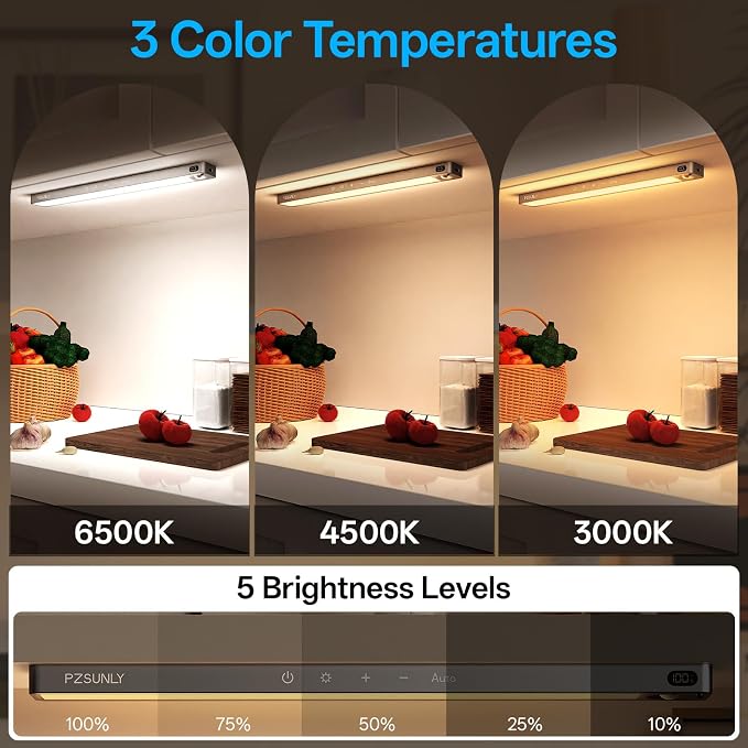 5-Pack Under Cabinet Lighting Wireless Motion Sensor Light Indoor | 14.2inch Rechargeable,3Color Dimmable,Power Display,LED Closet Light Magnetic with Remote,Under Counter Lights for Kitchen