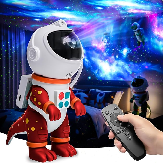 Dinosaur Astronaut Galaxy Star Projector Night Light, 8 in 1 LED Space Planetarium Lamp, 360° Rotating with Remote & Timer, Kids Adults Bedroom Decor, Christmas Birthday Gifts (Red)