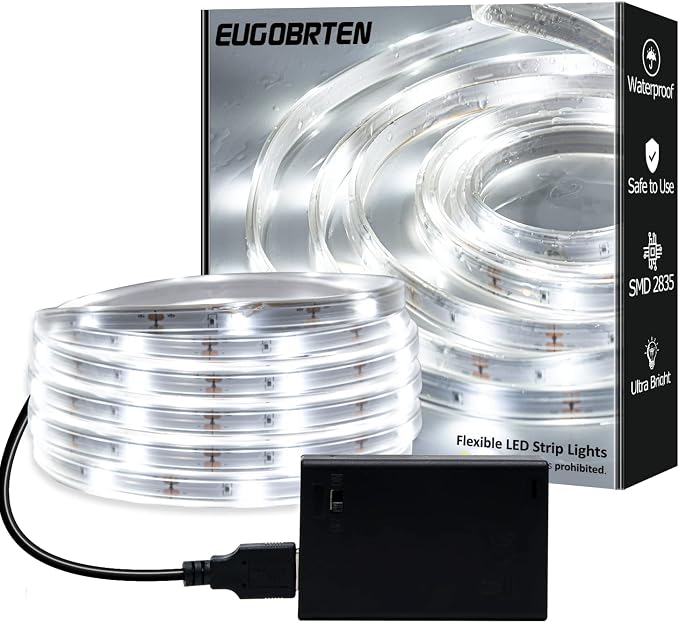 LED Rope Lights Outdoor Waterproof Battery Led Strip Lights, 16.4ft Flexible White Led Strip Lights Battery Powered Brighter Battery Powered White Lights for Camp Party Bedroom TV
