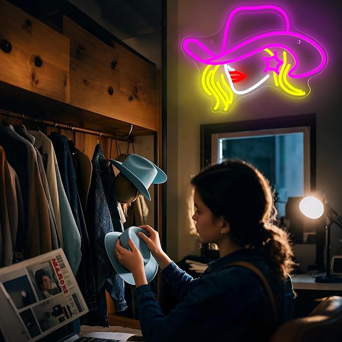 Cowboy Hat Neon Signs for Wall Decor LED Pink Cowgirl Boot Neon Sign Pink Aesthetic Western Wall for Game Room Room Bar Party Birthday Gift (Cowboy Hat Girl)