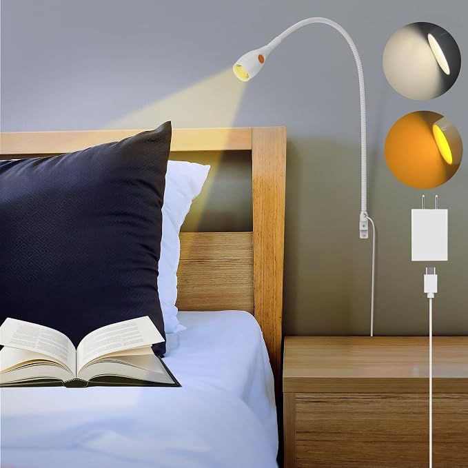 Wall/Headboard Mounted Reading Light with Lamp Head Switch | Minimalist Design, USB-C Powered, CRI 95+, 4000K + Amber Nightlight, 8–100% Dimmable,Metal Gooseneck,For Home Bedroom Bedside