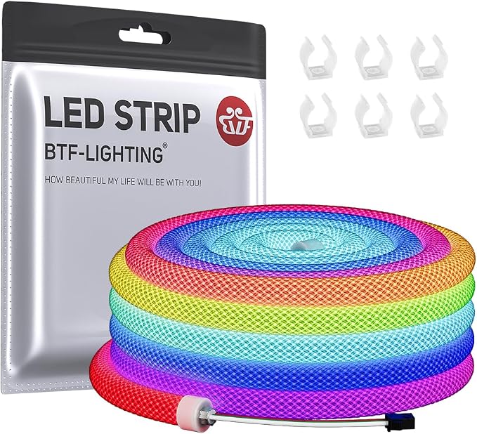 BTF-LIGHTING 9.8FT WS2811 WS2812B IC RGB DC5V 360 Degree Round Reticulate Pattern Chasing Color Neon LED Strip Flexible Nylon Silicone IP67 Waterproof Dream Color Rope Light(No Adapter or Controller)