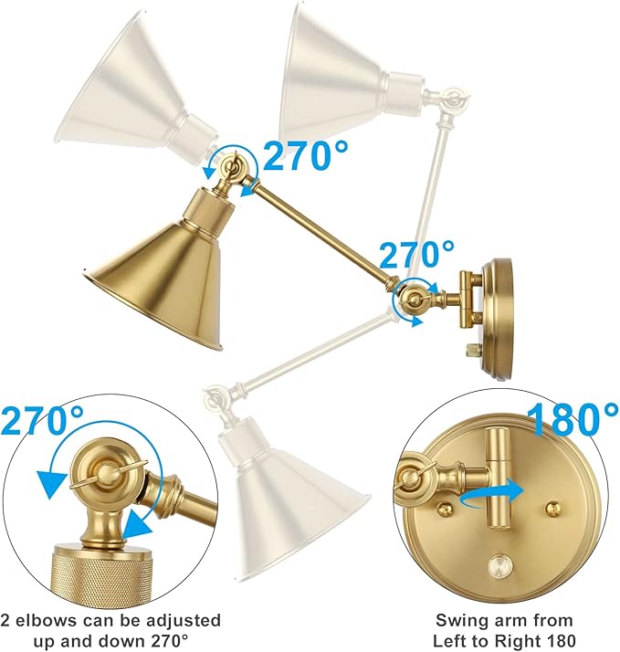 TRLIFE Wall Sconce Plug in, Dimmable Wall Sconce Brushed Brass Swing Arm Wall Lights with Plug in Cord and Dimmer On/Off Knob Switch, Wall Mounted Light for Bedside Bedroom Stairway (1 Pack, 1 Bulb)
