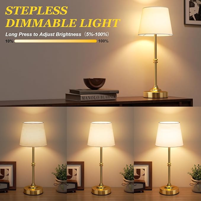 Kakanuo Cordless Table Lamp, Rechargeable Battery Operated, Brass, 1 Pack | 4000mAh Battery, USB-C Charging, 3000K Warm Light, Touch Control, Stepless Dimming, Bedside, Dining Table, Living Room