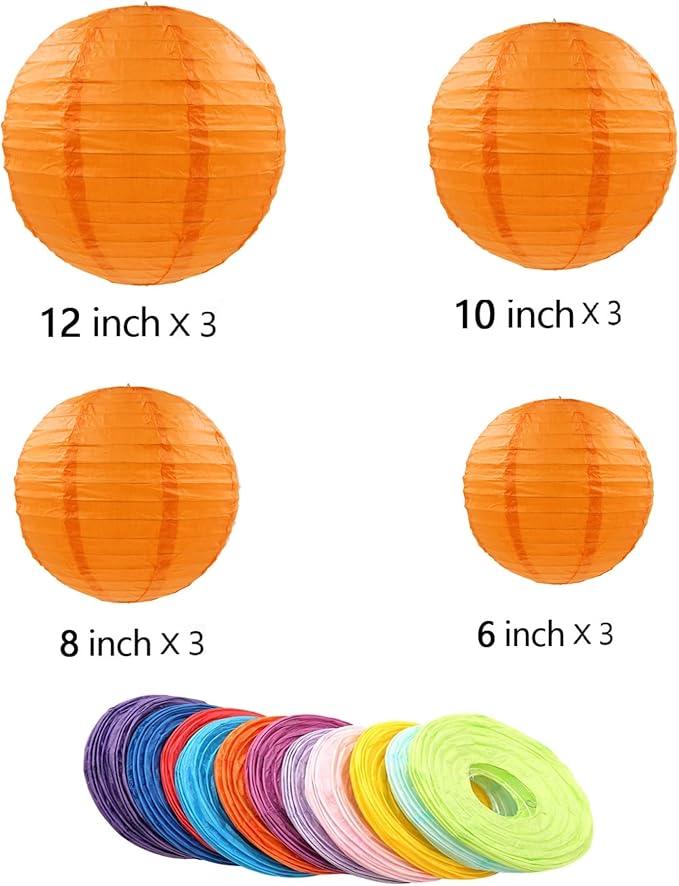 12pcs Orange Paper Lanterns with 12pcs White LED Lights, 6" 8" 10" 12" Round Hanging Chinese/Japanese Ball Lantern for Wedding Anniversary Birthday Party Decorations