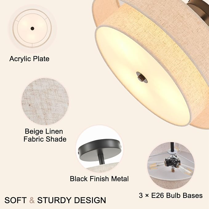 Modern Semi Flush Mount Ceiling Light 18" Modern 3-Lights Black Drum Ceiling Lighting Fixture with Linen Shade Vintage Ceiling Lamp for Kitchen, Basement, Laundry Room, Bedroom