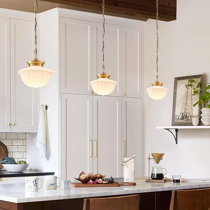 Schoolhouse Pendant Fixtures, 9" Brass Gold Milk Glass Pendant Light, Adjustable Mid Century Ceiling Pendant Lighting for Bedroom Kitchen Living Room Hallway Dining Room